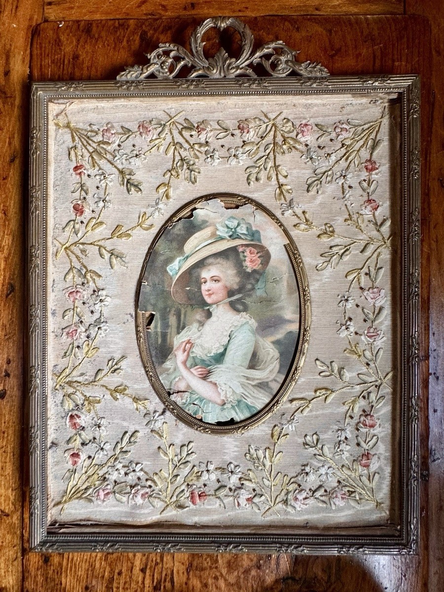 Antique French Watercolor Painting in Ornate Gilt Metal