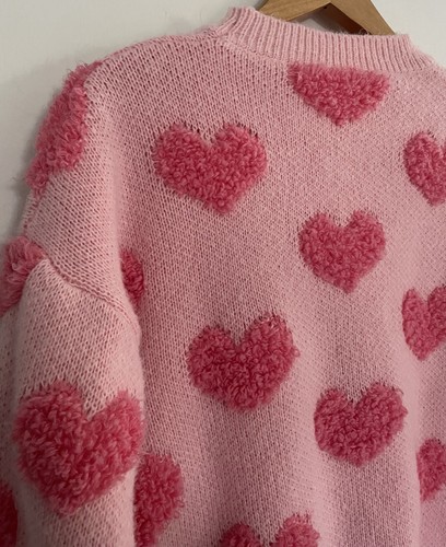 Light Pink Thick Sweater With All Over Dark Pink Hearts Size Small Valentine - Bild 9 von 20