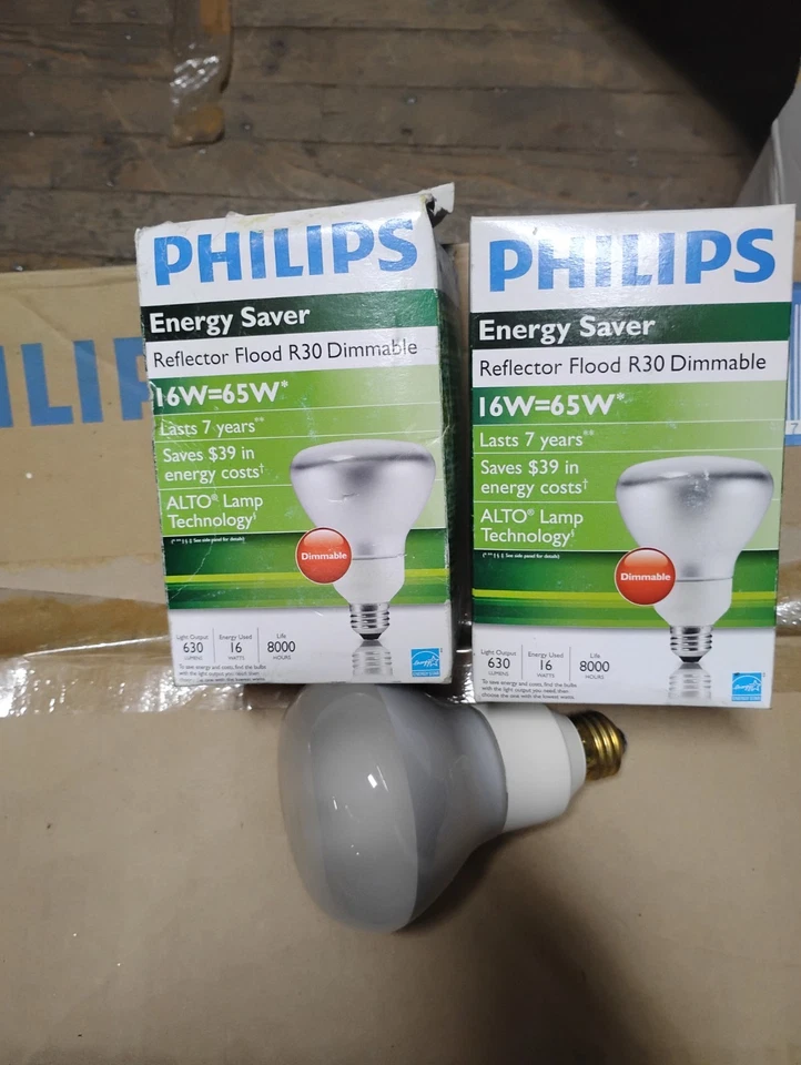 (2) Phillips Energy Saver 16W R30 Dimmable Reflector Flood lights. NOS - Image 2 of 4