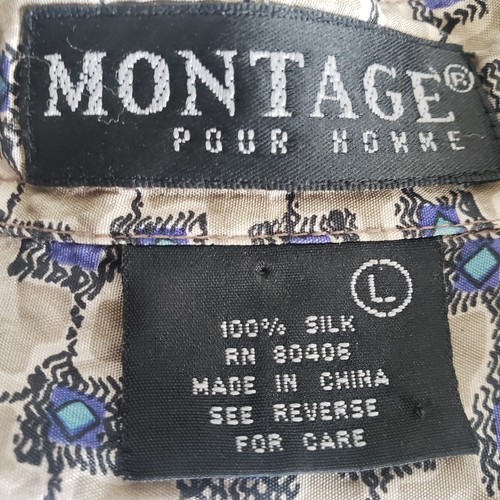 Montage Pour Homme Men's Gray Blue Geometric Print Button Up Silk Shirt Size L - Picture 6 of 6