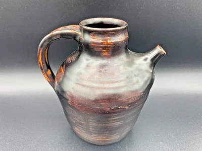 Vintage Glazed Brown Art Pottery Jug Ewer With Small Spout Signed Studio Pottery - Image 1 of 4