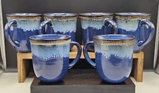 Beautiful Set of 6 Blue Drip Glaze Stoneware Coffee Mugs by Over and Back