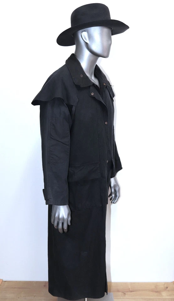 Manteau Cache Poussière Noir Riding Coat Toile Cirée STOCKMAN Sz L Made in Fidji - Photo 3/4