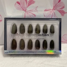 Nail Reformation Press On Nails Almond Olive Green Metallic Finish 32 Nails