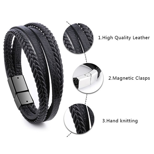 Para hombres Pulsera de Cuero Genuino Acero Inoxidable Trenzado Punk Puño Envoltura - Imagen 12 de 16