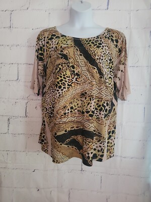 De Portfolio Animal Print Tunic Top Plus 3X Short Sleeve Round Neck multicolor