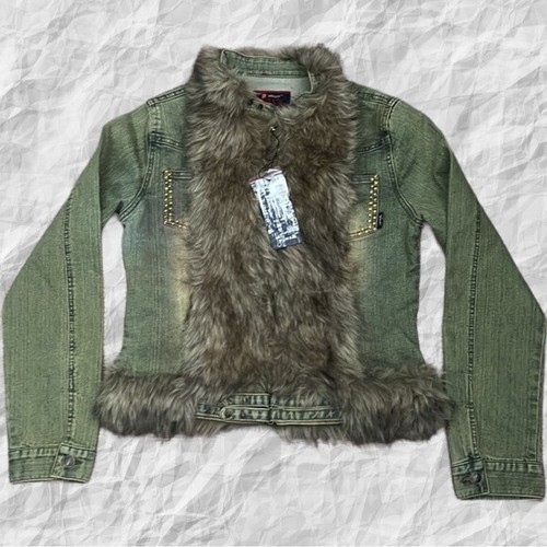 Chaqueta de mezclilla corta dorada de felpa platino con estrás y piel sintética talla S nueva con etiquetas - Imagen 5 de 6