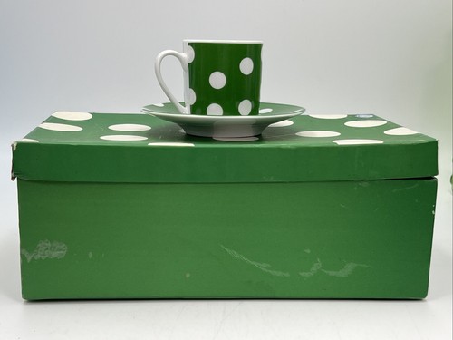 Imperial Set of 6 Demitasse Expresso Cups & Saucers Polka Dots Green In Box - Picture 6 of 7