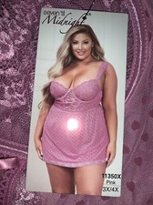 (Size 1x /2x Fit) 2 Piece Heart & Lace Babydoll & Thong Set Pink 3x/4x
