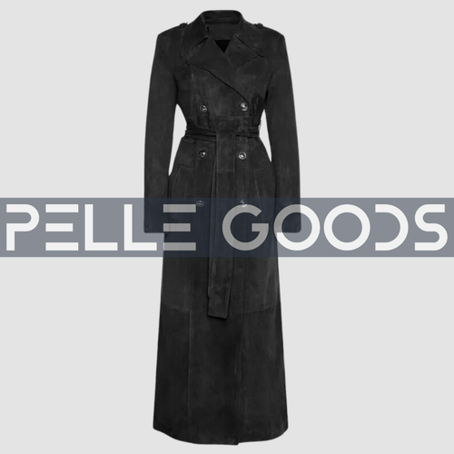 Damen Schwarz Wildleder Leder Trenchcoat - Lange Zweireiher Stylische Jacke