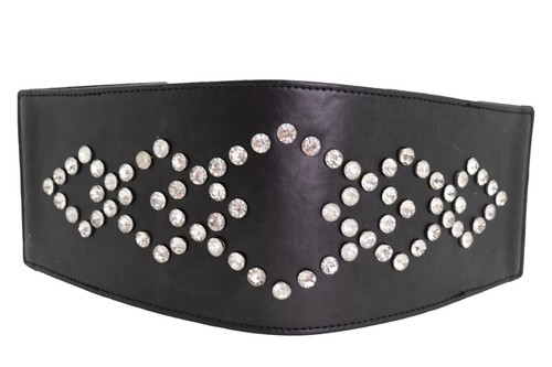 Women Wide Faux Leather Black Elastic Fabric Fancy Belt Silver Bling Squares S M - Picture 18 of 21