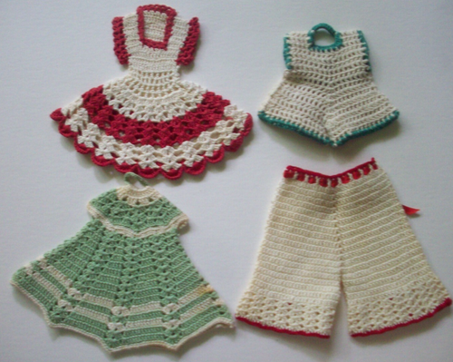 Lote de 4 agarraderas de ganchillo soportes para macetas almohadillas calientes *F Vestidos bloomers mameluco - Imagen 6 de 6