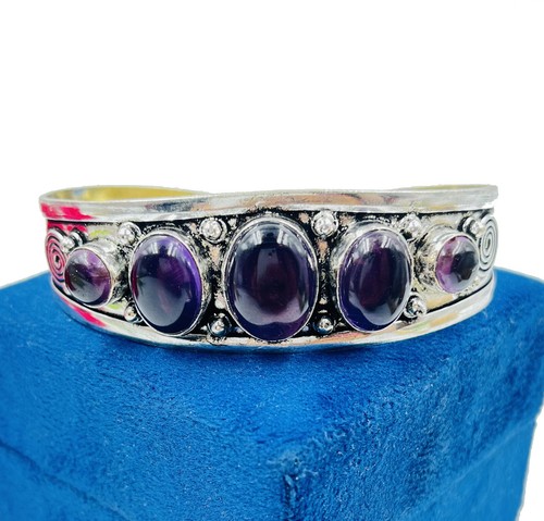 925 Sterling Silver Purple Amethyst Gemstone Jewelry Handmade Cuff Bracelet - Picture 5 of 5