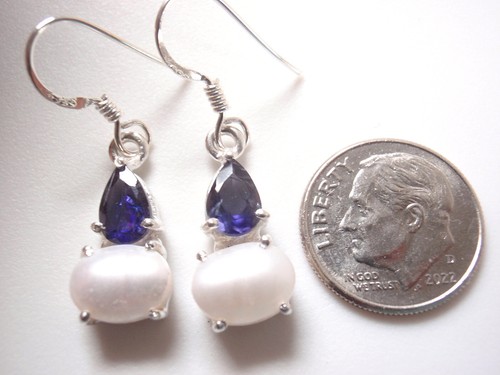 Faceted Iolite Teardrop Cultured Pearl 925 Sterling Silver Dangle Earrings f109g - Picture 2 of 4