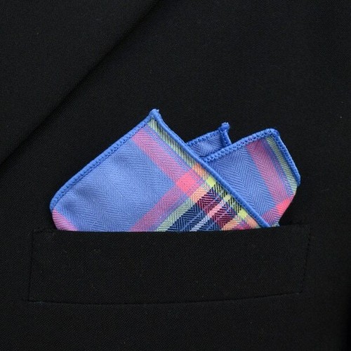 Blue Pink Cotton Plaid Pocket Square - Picture 5 of 5