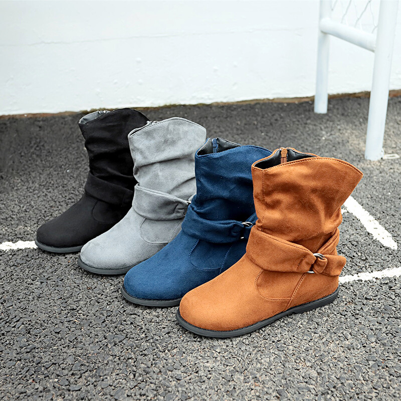 Ladies Boots Faux Suede Wide Ankle Boots Casual Flat Boots with Zipper Keep Warm