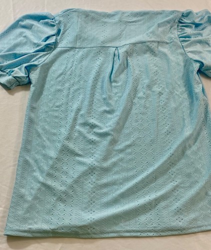 women's casual summer top size large blue short puff sleeve V neck pullover holl - Picture 9 of 9