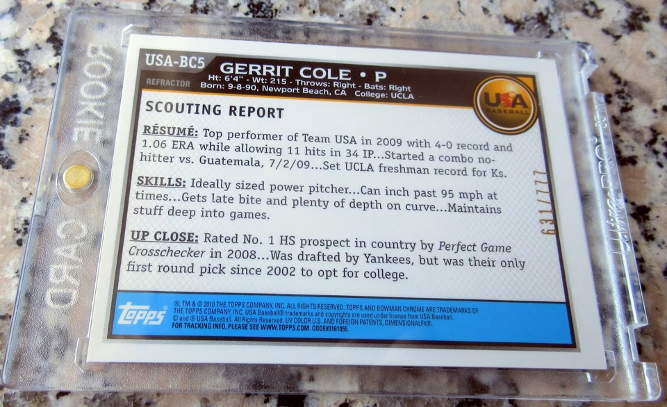 GERRIT COLE 2010 Bowman Chrome Refractor SP #1 Draft Pick Rookie Card RC /777 $$ - Image 2 of 3