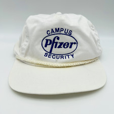VINTAGE Pfizer Hat Cap Strap Back White Blue Campus Security Trucker 90s Mens