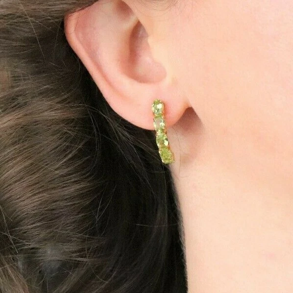 10k Yellow Gold Natural Green Peridot Earrings Half Hoop Earrings  3/4" Hoops - Image 2 of 4