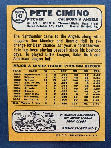 1968 Topps #143 Pete Cimino (California Angels) - Bild 2 von 2