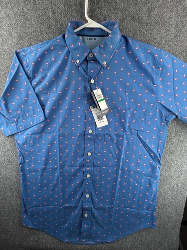 NUEVO CON ETIQUETAS IZOD LT Grande Estampado Flamenco Alto Azul Rendimiento Abotonado Playa $65 Hombres - Imagen 2 de 13