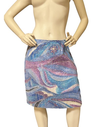 Minigonna Vintage Sandy Starkman Paillettes 12 Pennellate Cielo Specchio Lavoro Cotone - Foto 1 di 12