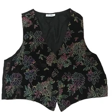 VTG 90s Vest XL Floral Crushed Velvet Grunge Rave Punk Goth Rainbow Neon Disco