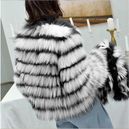 Women Faux Fur Jacket Long Sleeve Warm Stripe Winter Thicken Short Coat Causal - Bild 8 von 13
