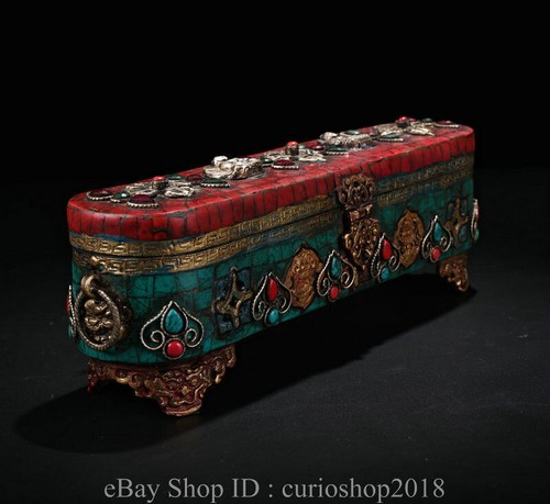 10 " Old Tibet Buddhism Bronze Inlay Turquoise Gem eight treasures Jewelry Box - Picture 9 of 9