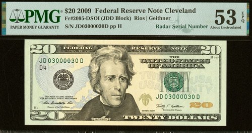 Banconota 20 dollari 2009 Federal Reserve PMG 53EPQ - numero di serie radar fantasia 03000030 - Foto 2 di 3