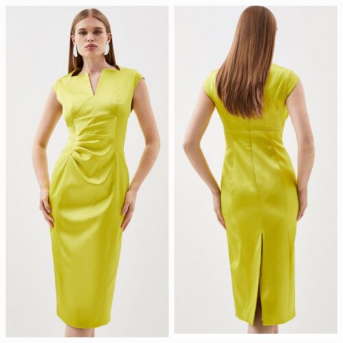 Karen Millen BNWT Chartreuse Yellow Italian Satin Envelope Occasion Dress UK 10 - Picture 8 of 18