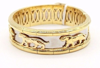 VINTAGE 18K YELLOW WHITE GOLD PANTHER CUFF BANGLE BRACELET