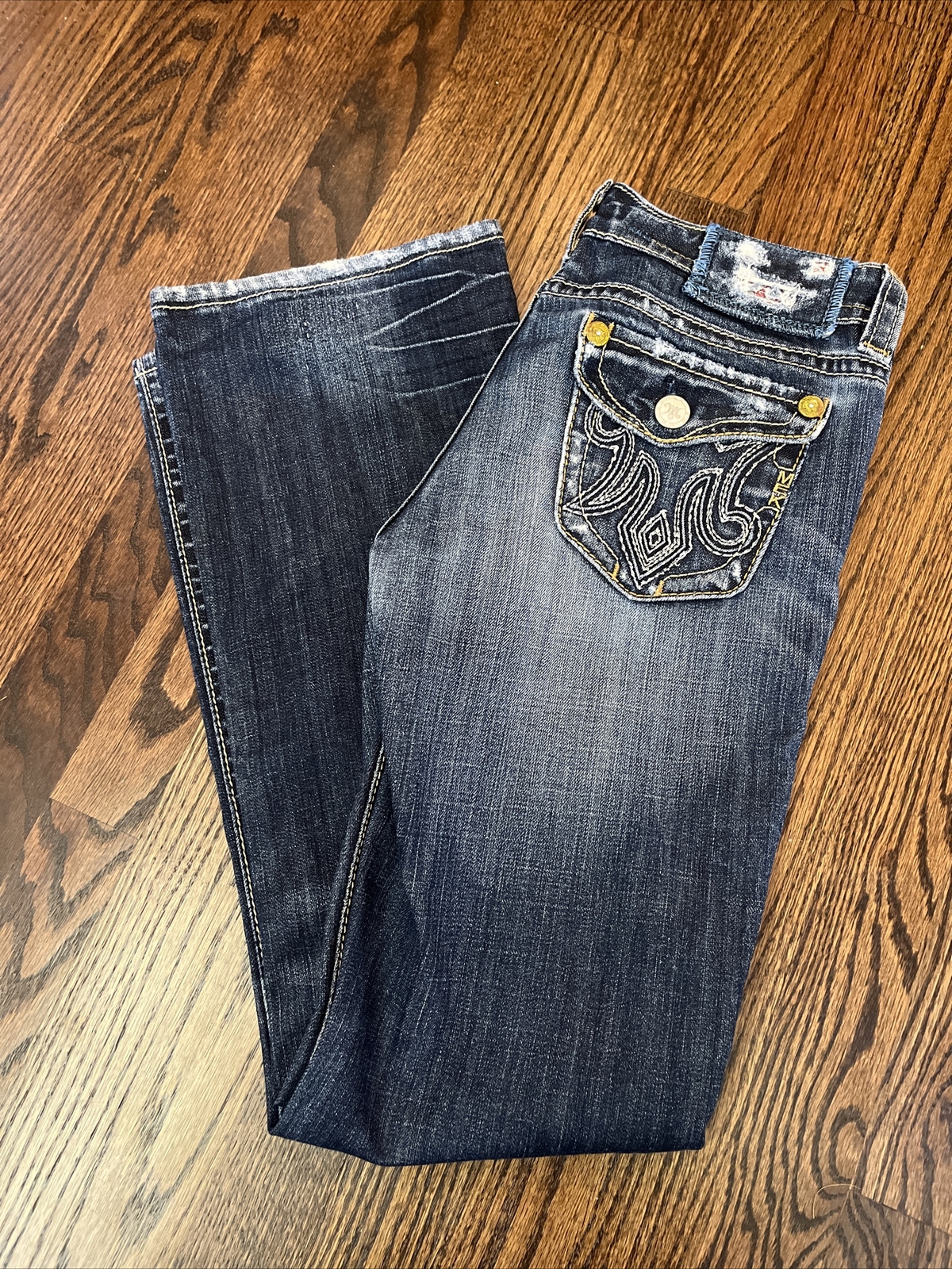 MEK Denim OAXACA Bootcut Distressed Blue Jeans Women’s Sz 27/30.5