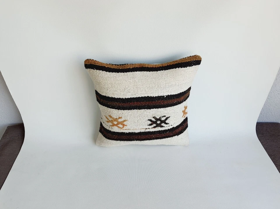 16x16 Wool Embroidered Hemp Pillow Cover , Natural Turkish Pillow Case , 16x16 - Image 3 of 4