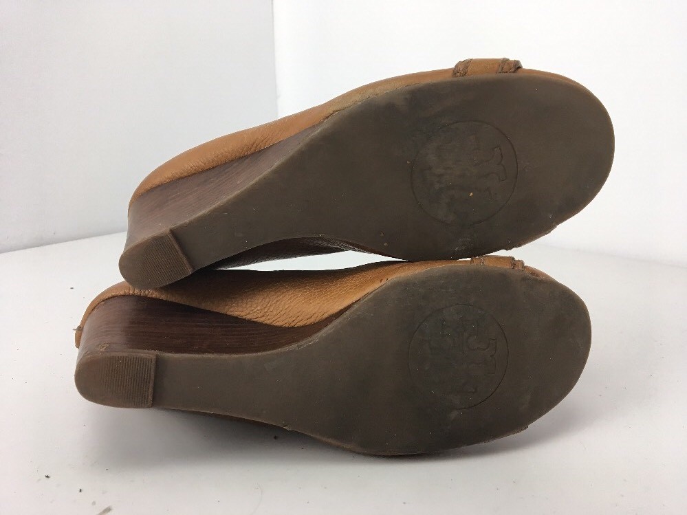 Tory Burch Cognac braun braun braun Leather Pump Peep Toe Wood Wedge Gold Emblem -8.5M 30e018 Tory Burch Cognac braun braun braun Leather Pump Peep Toe Wood Wedge Gold Emblem -8.5M 30e018