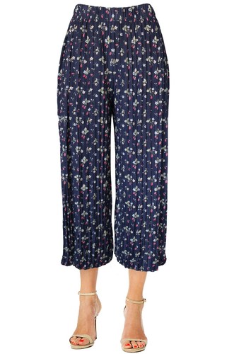 Womens Pleated Wide Leg Cropped Capri Mid Cuff Culotte Pants - Picture 18 of 25