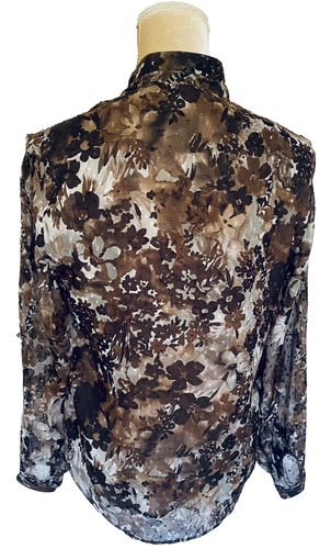Women’s Small Blouse Coldwater Creek Long Sheer Sleeves Lined Brown Floral Silky - Picture 6 of 12