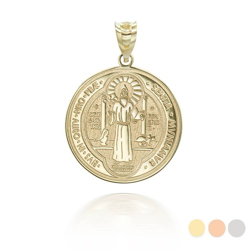 14K Solid Gold Saint Benito Prayer Double 2 sided Pendant Necklace - Bild 14 von 20