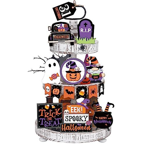 Juego de 15 piezas de decoración de bandeja en niveles de Halloween lindos letreros de madera de Halloween granja - Imagen 2 de 7