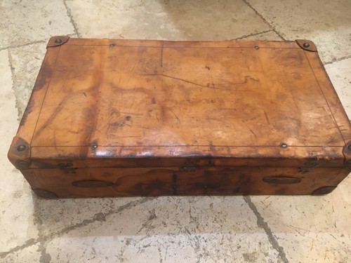 ANTIQUE VINTAGE LEATHER SUITCASE TRUNK 1900 #1 - Picture 5 of 11