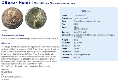 Luxembourg coin 2€ euro 2020 birth prince Charles choose 3D hologram or current - 第 5/6 張圖片