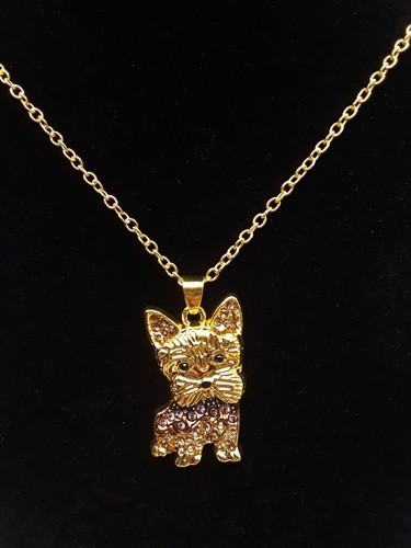 Cute Yorkshire Terrier Dog Rhinestone Pendant Necklace Golden Toned Dog Lovers