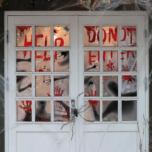 2Pcs Halloween Door Cover Window Poster Scary Zombie Hands Bloody Handprint - Picture 5 of 7