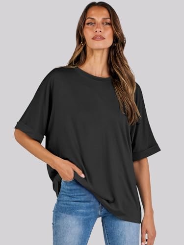 Womens Tops Oversized T Shirts Short Sleeve Crewneck Summer Casual Large Black - Picture 5 of 7