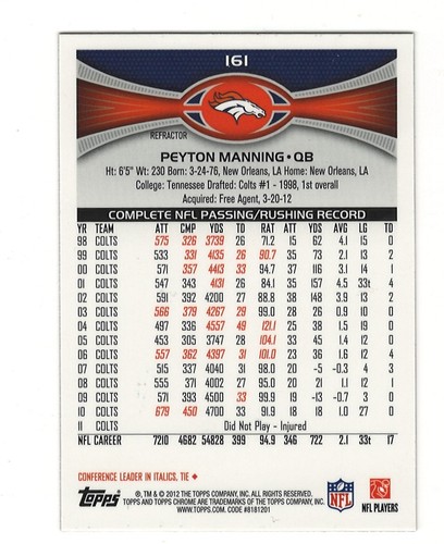 PEYTON MANNING 2012 TOPPS CHROME ORANGE REFRACTOR #161 NRMT-MT OR BETTER - Picture 2 of 2