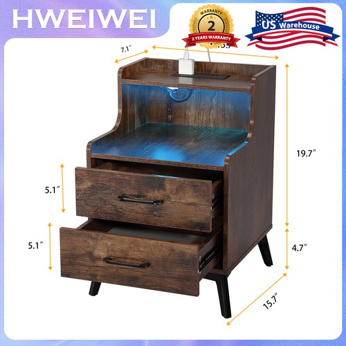 Night Stand Set of 2 with Charger Station, Brown Nightstand Sets with LED Light - Foto 15 di 15