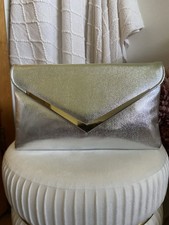 Vintage Chic Silver Metallic Faux Leather Envelope Clutch w/ V Shaped Metal Trim