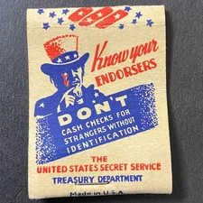 Uncle Sam "Don't Cash Checks for Strangers" Patriotic Empty Matchbook
