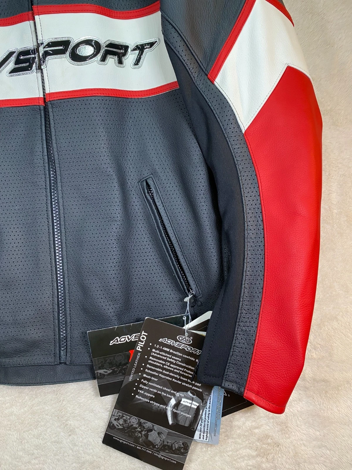 AGV Sport Pilot Vented Leather Motorcycle Jacket Size 46 Black Red Armored NWT image 5